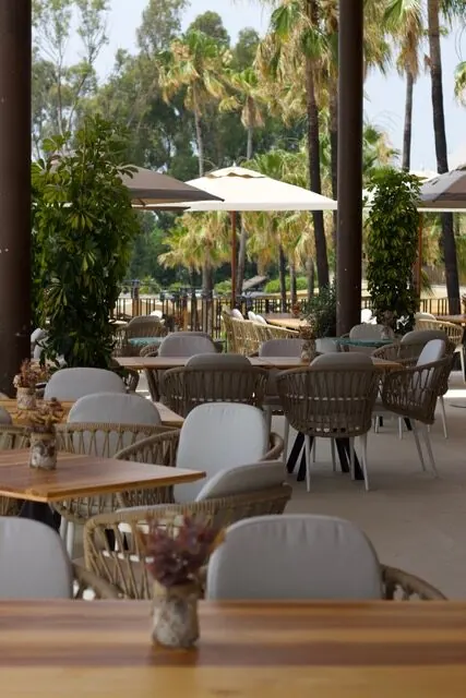 Orizzonte garden terrace under palms and white parasols
